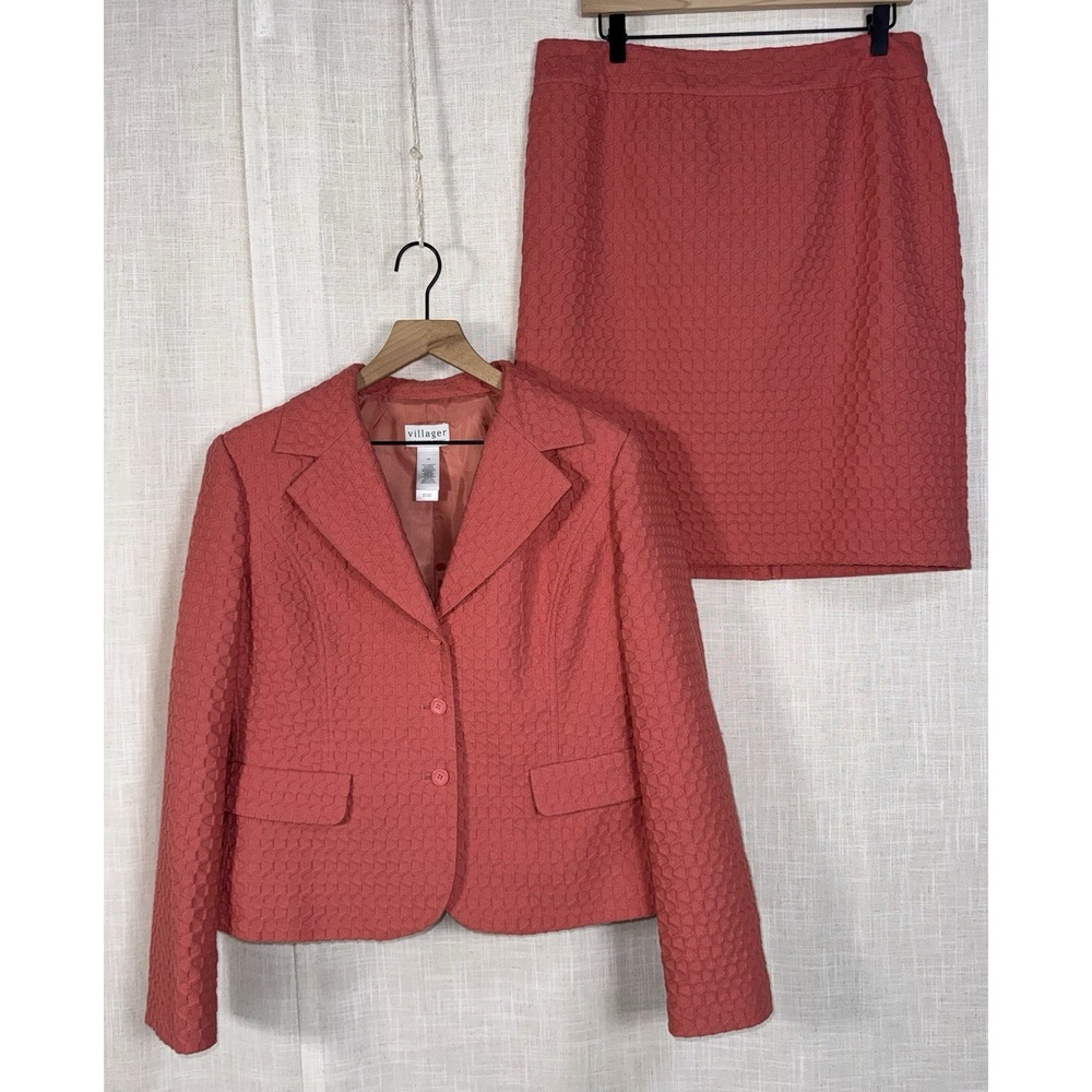 Villager Liz Claiborne Coral Textured Blazer Skirt Suit Jacket Set Women's 12 14